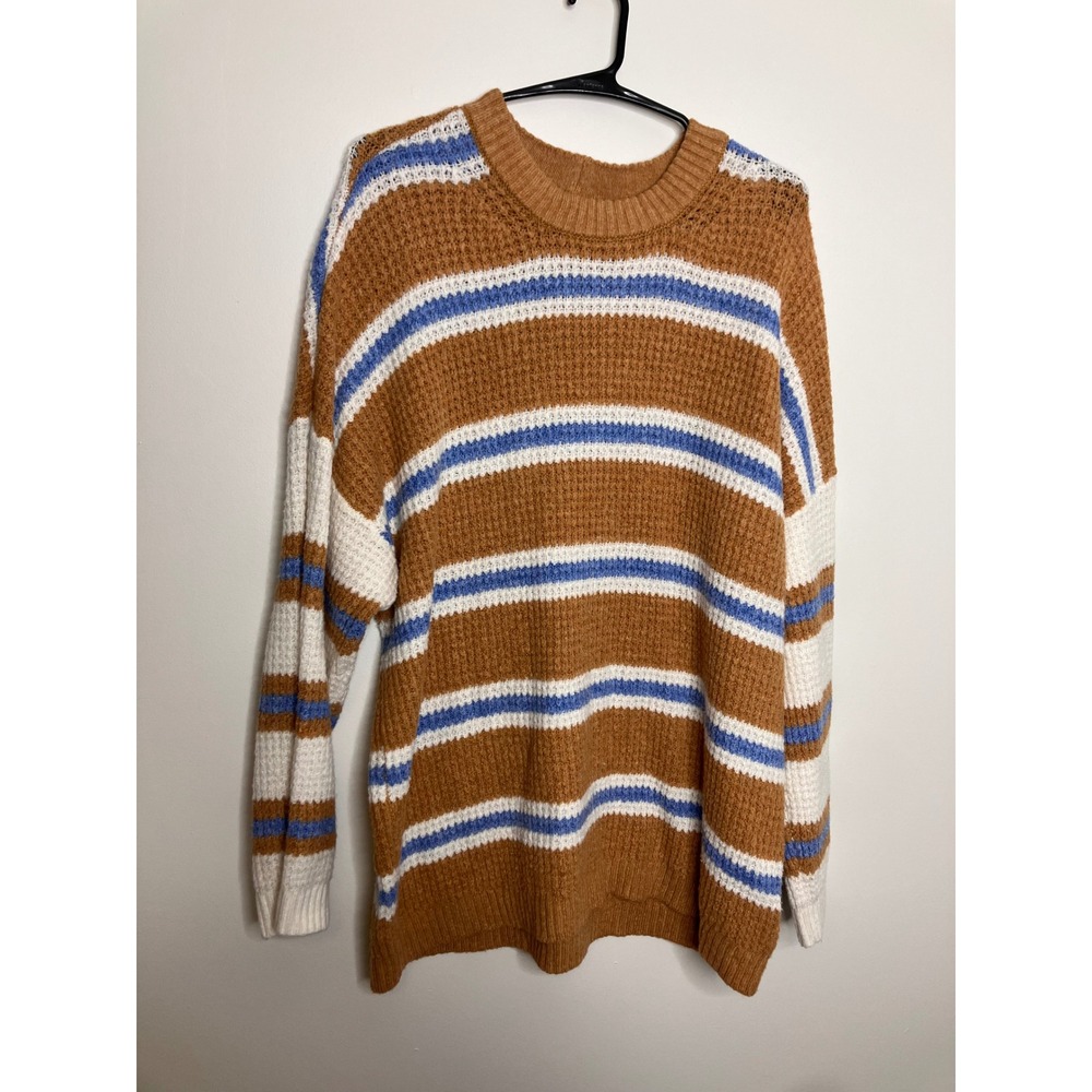 American Eagle Sweater Womens Large Brown Striped Excellent Waffle Knit Pullover